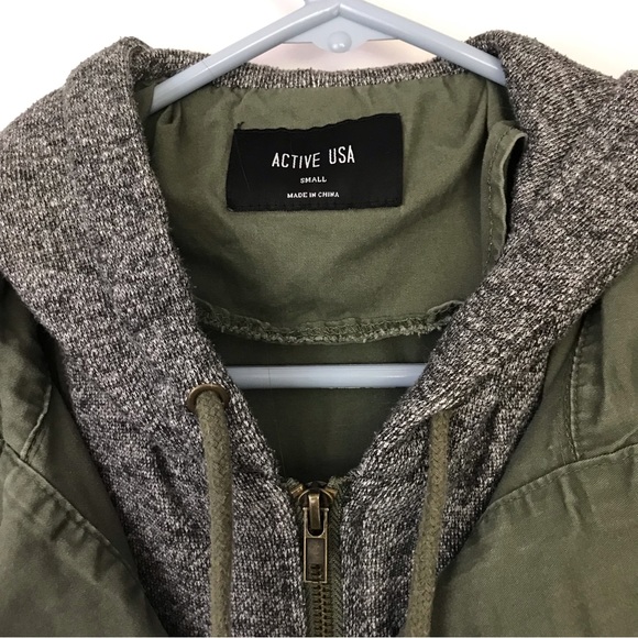 Active USA Army Green Olive Gray Utility Jacket Zip Up Hooded Jacket Women Small - Picture 6 of 12